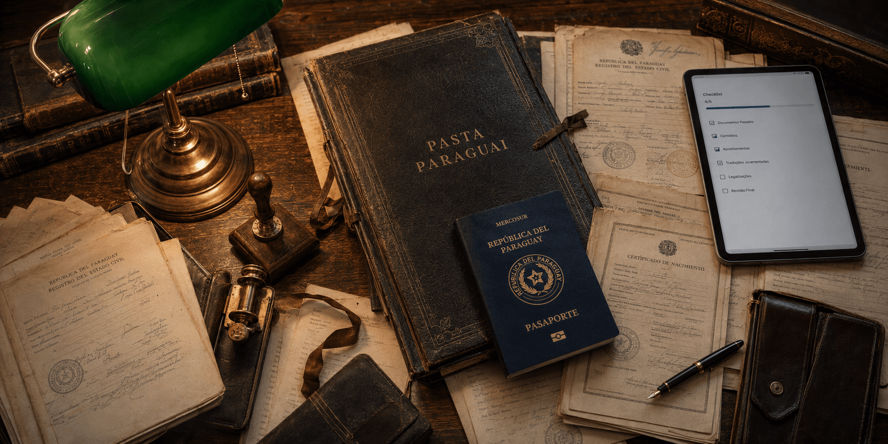 Pasta Paraguai: pasta de documentos, passaporte e checklist digital sobre uma mesa