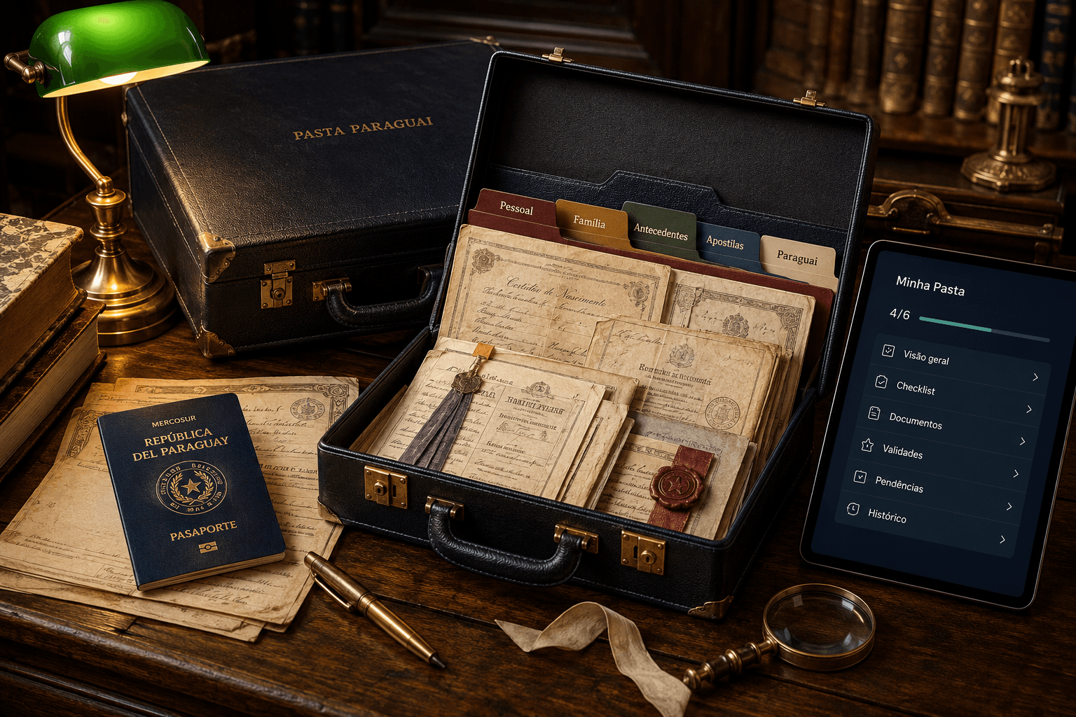 A Pasta Paraguai aberta sobre uma mesa de madeira, com divisórias Pessoal, Família, Antecedentes, Apostilas e Paraguai, documentos, passaporte e um tablet mostrando o painel Minha Pasta