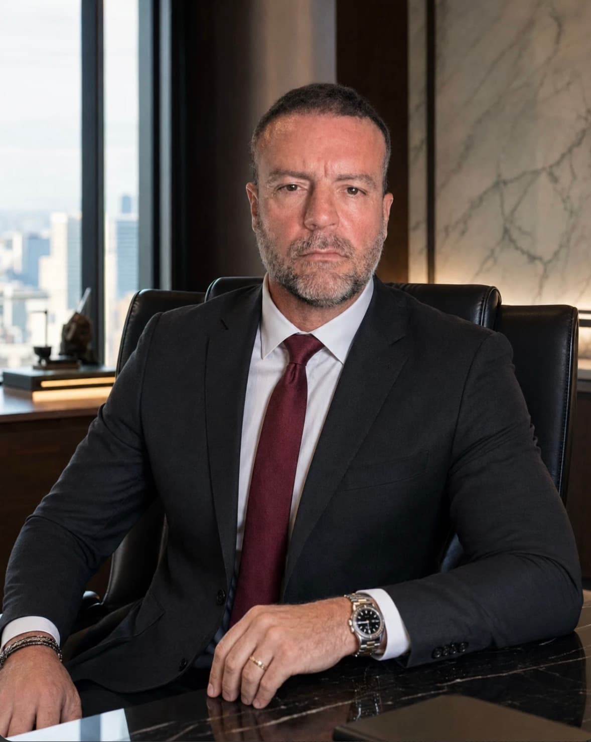 Dr. Rodrigo Maricato Lopes sentado à mesa do escritório, com a cidade ao fundo